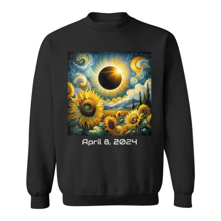 Total Solar Eclipse 2024 Sunflowers Painting Van Gogh Sweatshirt
