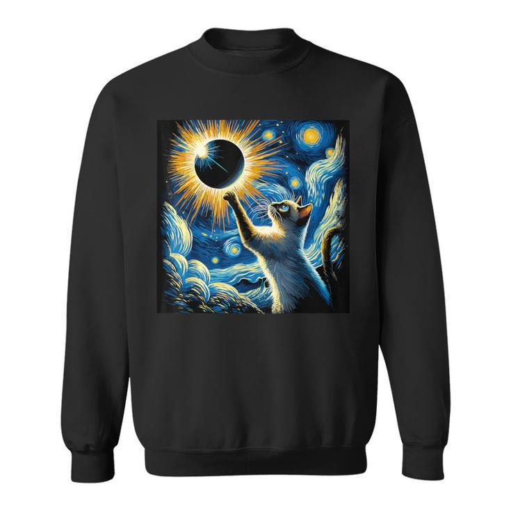 Total Solar Eclipse 2024 Van Gogh Starry Night Siamese Cat Sweatshirt