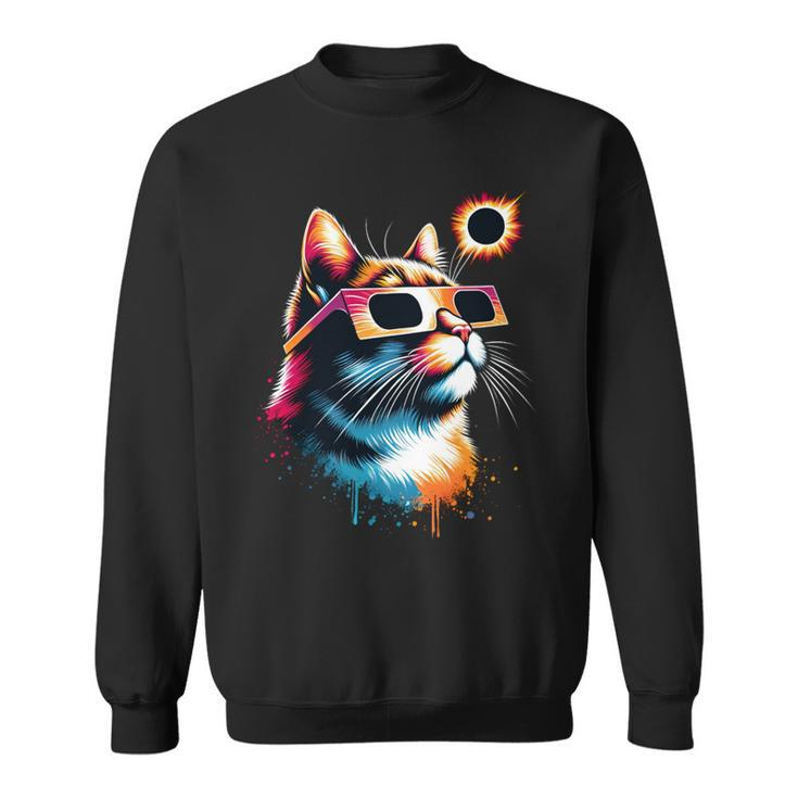 Total Solar Eclipse Cat 2024 Colorful With Eclipse Glasses Sweatshirt