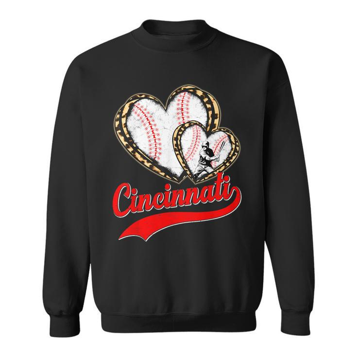 Vintage Cincinnati Baseball Leopard Heart Baseball Fans Sweatshirt