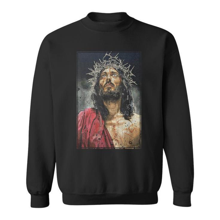 Vintage Face Of Jesus On A Cross With Crown Of Thorns Sweatshirt