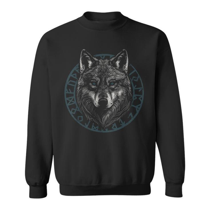 Wolf With Blue Eyes Viking Runes Animal Graphic Sweatshirt