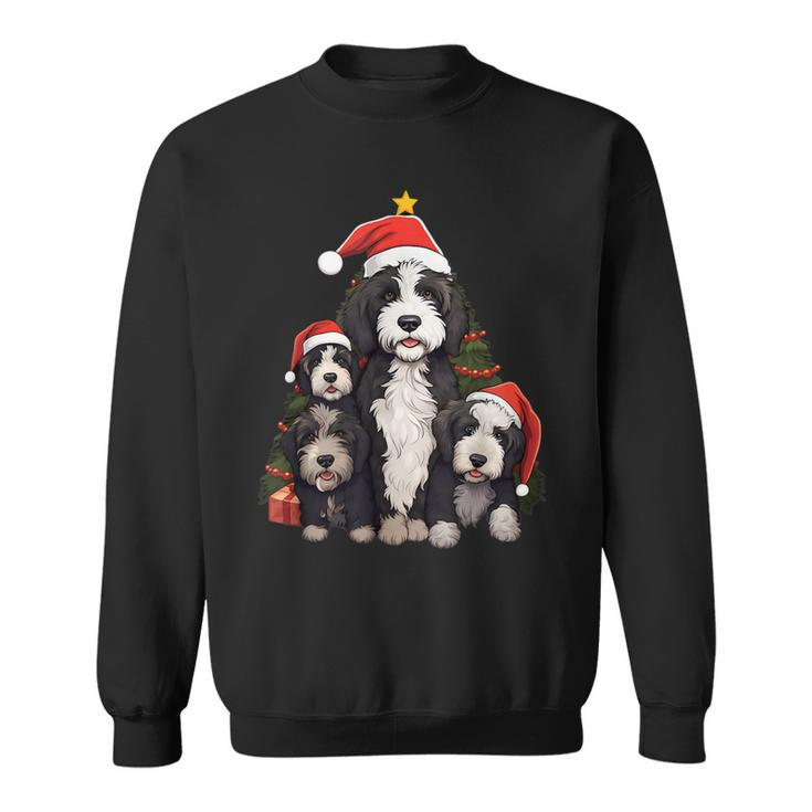Xmas Sheepadoodle Dog Pile Up Christmas Tree Sweatshirt