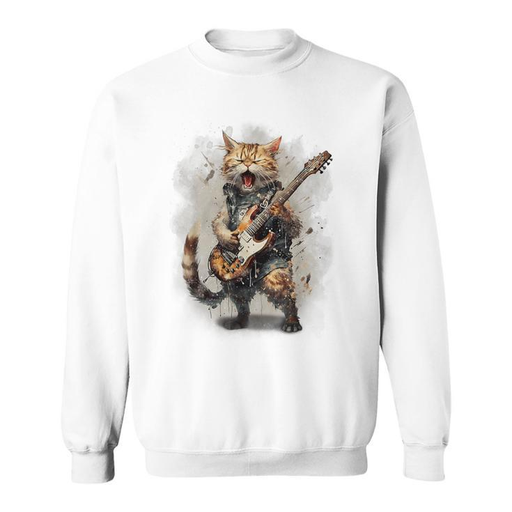 Cat Singing With Electric Guitar Vintage Sweatshirt