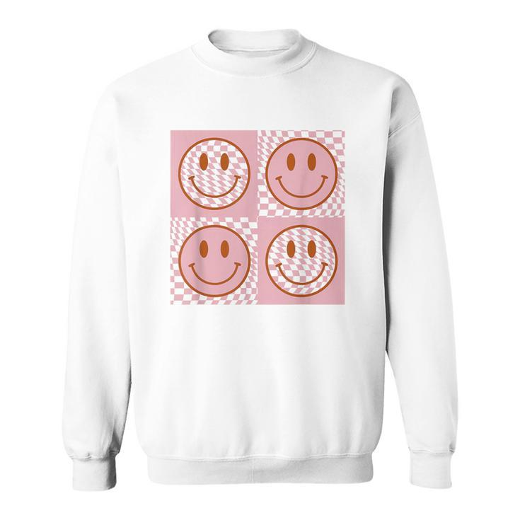Checkered Pattern Happy Face Retro Pink Smile Face Sweatshirt