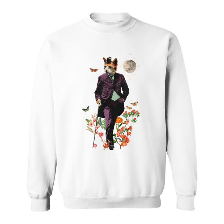 Cat With Flowers And Walking Stick And Moon Sweatshirt