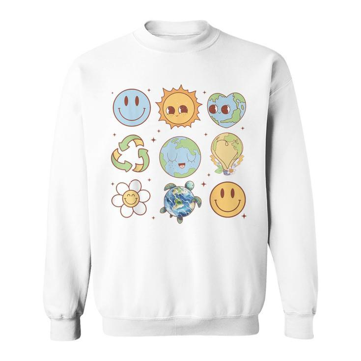 Groovy Earth Planet Hippie Smile Face Happy Earth Day 2024 Sweatshirt