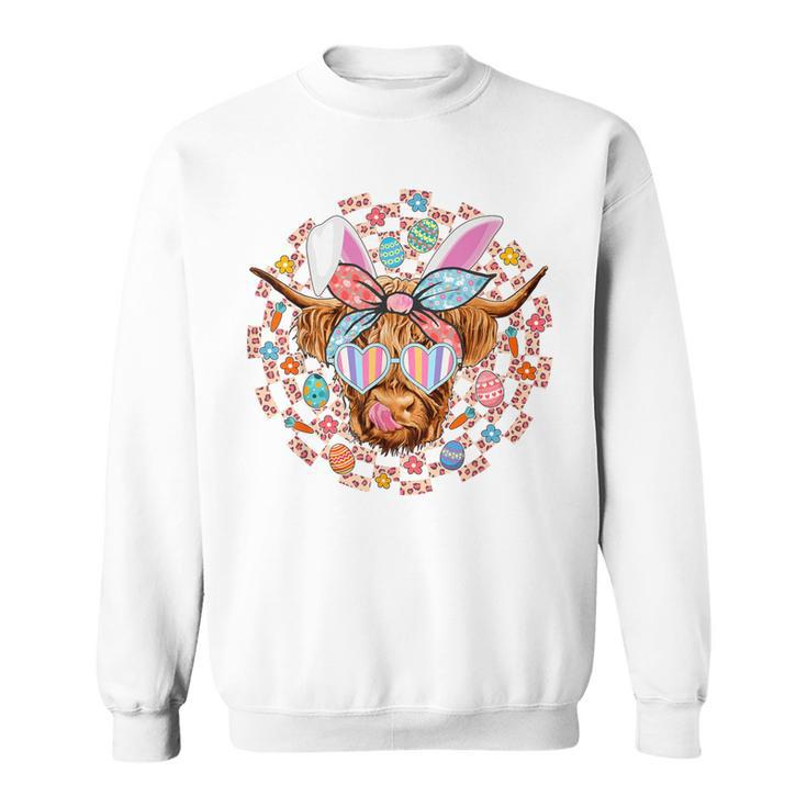 Highland Cow With Easter Eggs Bunny Ear Easter Day Cow Lover Sweatshirt