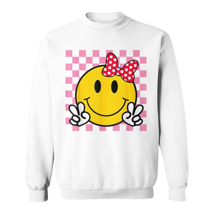 Retro Happy Face With Bow And Checkered Pattern Smile Face Sweatshirt