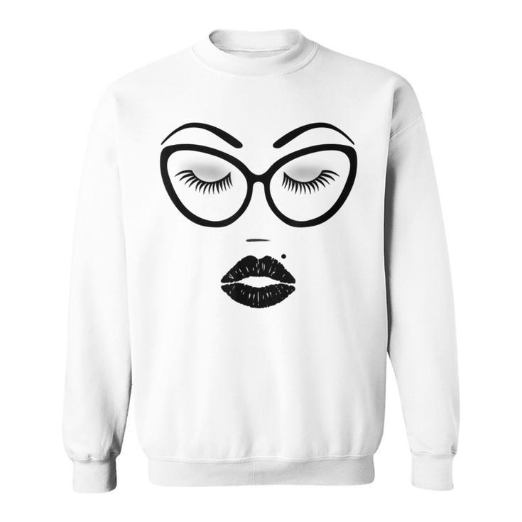 Women's Make-Up Cosmetics Lashes Eyebrows Black Cat Glasses Sweatshirt