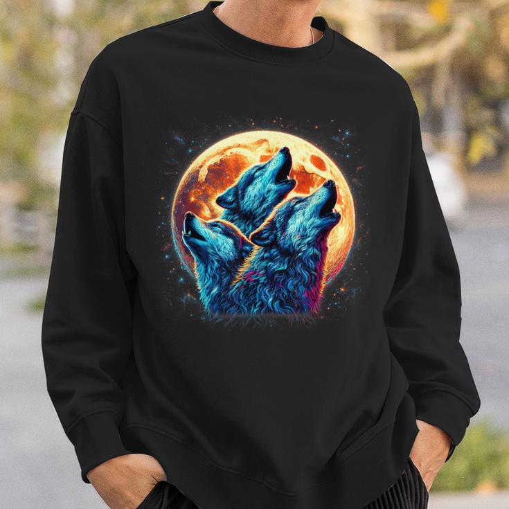 3 Wolves Howling At The Moon Wolf Animal Sweatshirt Gifts for Him