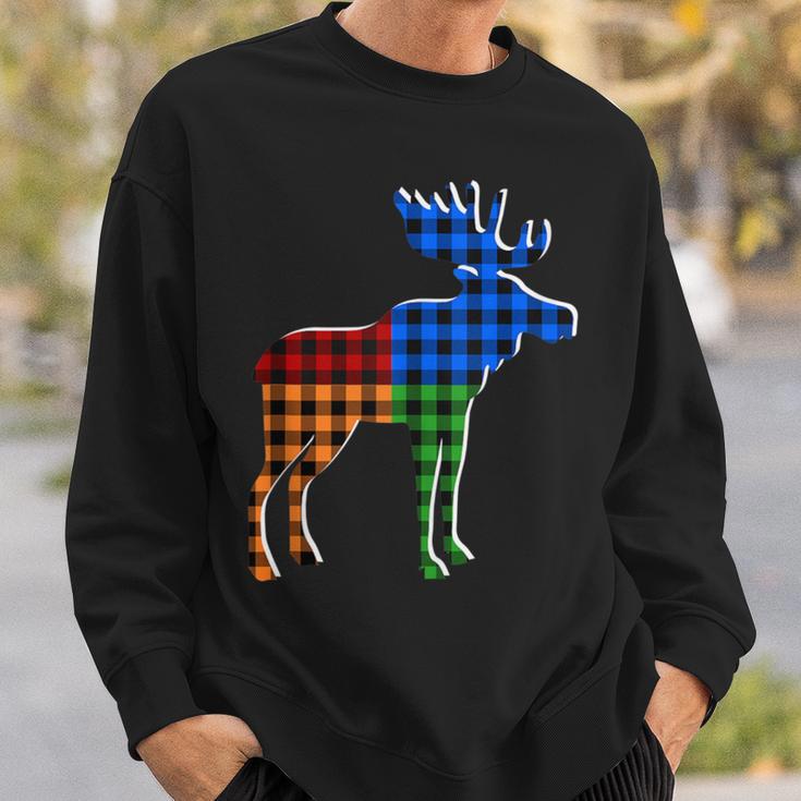 Buffalo Plaid Standing Moose Silhouette Colorful Moose Lover Sweatshirt Gifts for Him