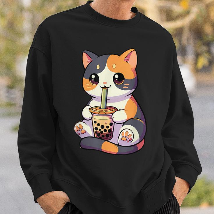 Cat Drinking Boba Feline Japanese Pet Kawaii Boba Calico Cat Sweatshirt Gifts for Him