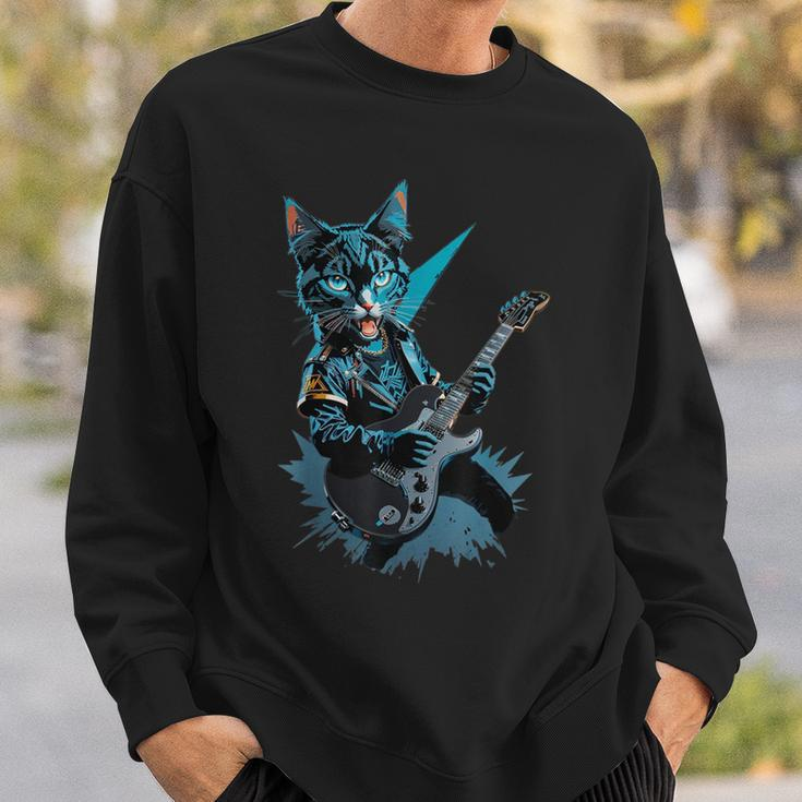 Cat Playing Electric Guitar Heavy Metal Rock Cat Lover Sweatshirt Gifts for Him