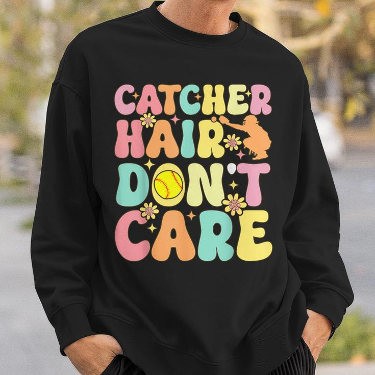 Catcher Hair Don't Care Softball Catcher Softball Player Sweatshirt Gifts for Him