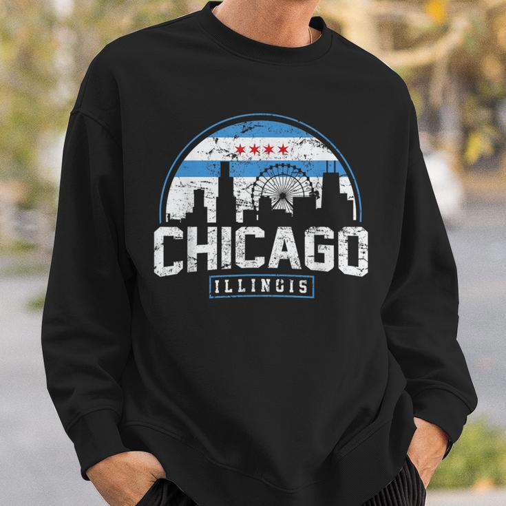 Chicago Illinois Flag Vintage Skyline Women Sweatshirt Gifts for Him