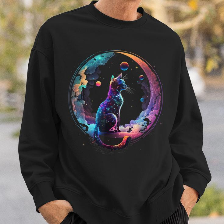 Cosmic Cat Cool Colorful Crescent Moon And Clouds Kitten Sweatshirt Gifts for Him
