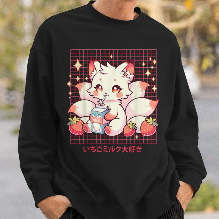 Cute Kitsune Japanese Anime Fox Kawaii Strawberry Milk Sweatshirt Gifts for Him