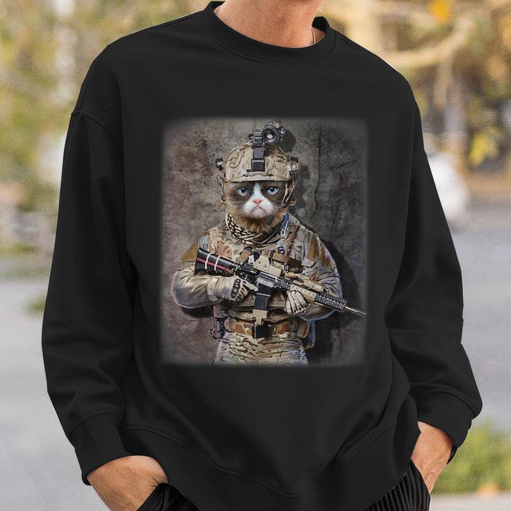 Disgruntle Cat As Army Commando In Full Tactical Sweatshirt Gifts for Him