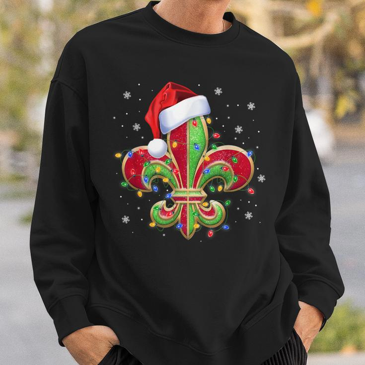 Fleur De Lis Christmas Ornament With Santa Hat Xmas Lights Sweatshirt Gifts for Him