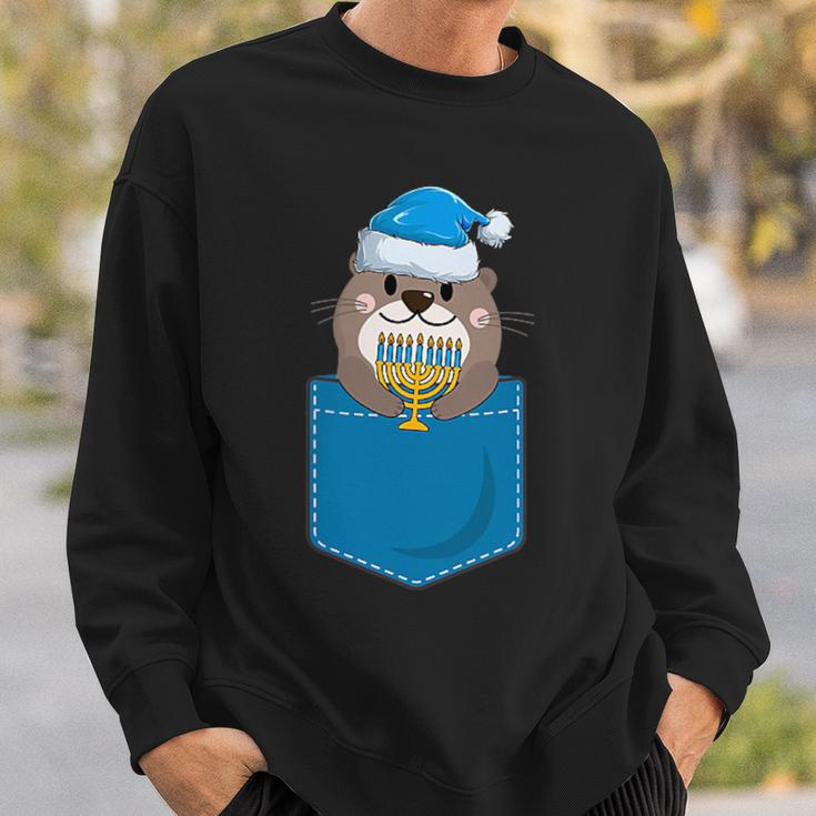Jewish Otter Santa Menorah In Pocket Hanukkah Pajamas Sweatshirt Gifts for Him