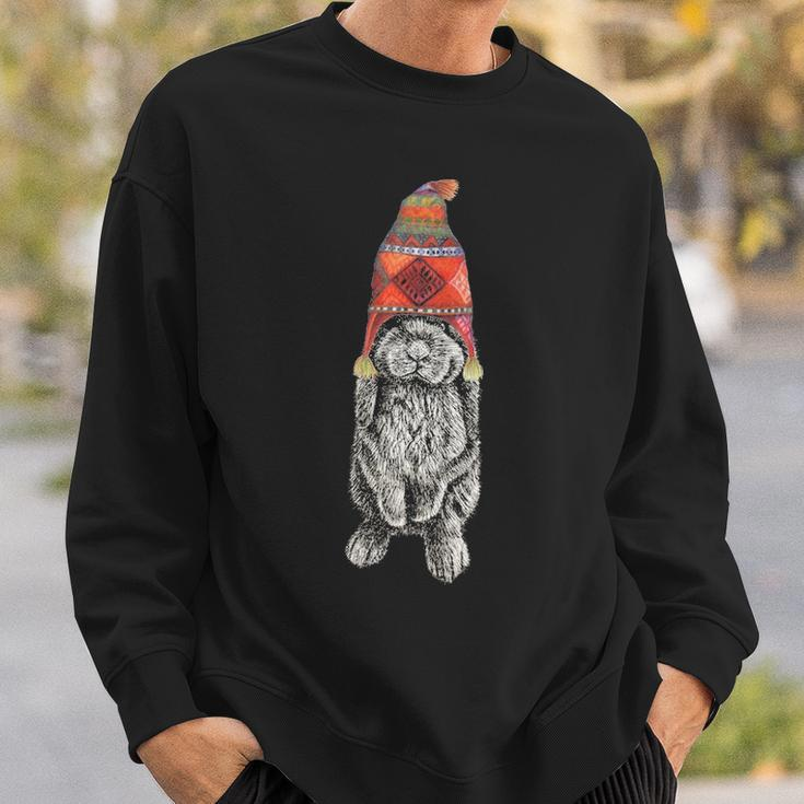 Hipster Lop Eared Bunny Rabbit Wearing Winter Peruvian Hat Sweatshirt Gifts for Him