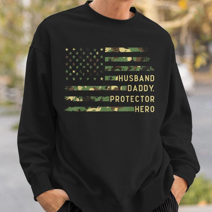 Husband Daddy Protector Hero Fathers Day Camo American Flag Sweatshirt Gifts for Him
