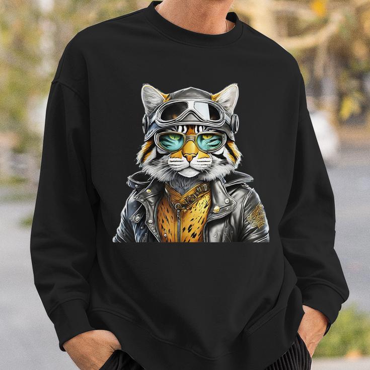 Katze Lederjacke Brille Bikerin Abenteuer Motorradfahrer Sweatshirt Geschenke für Ihn