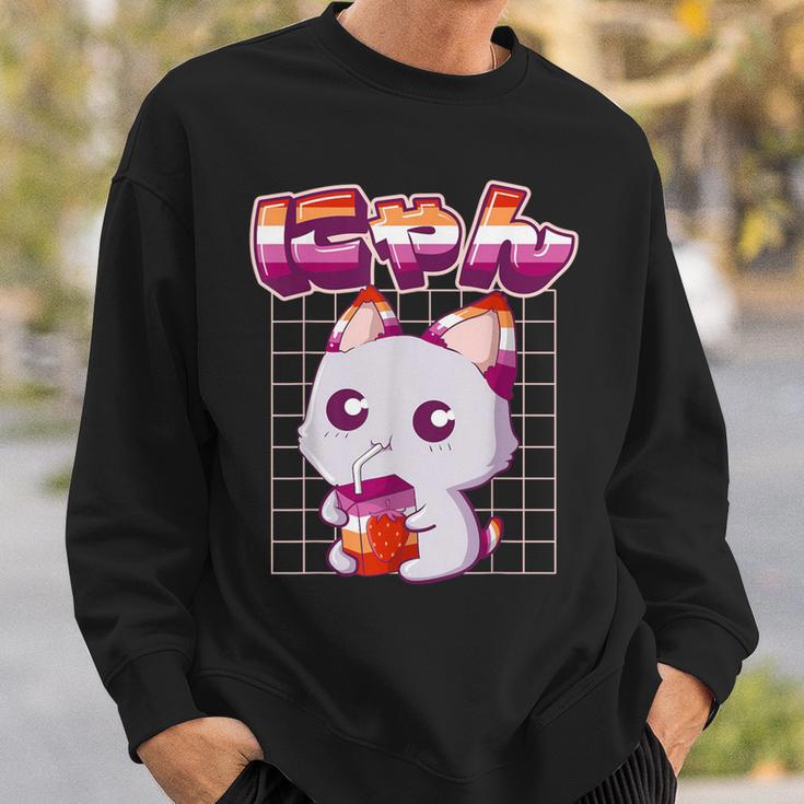 Lesbian Pride Gay Kawaii Cat Strawberry Milk Lesbian Flag Sweatshirt Gifts for Him