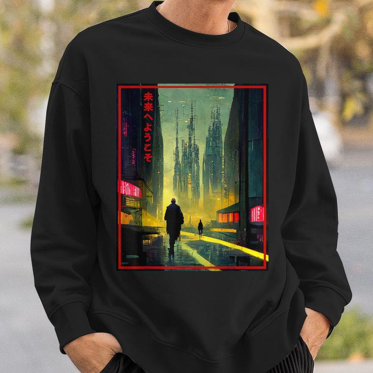 A Man Walks Cyberpunk City Japanese Text Futuristic Costume Sweatshirt Gifts for Him