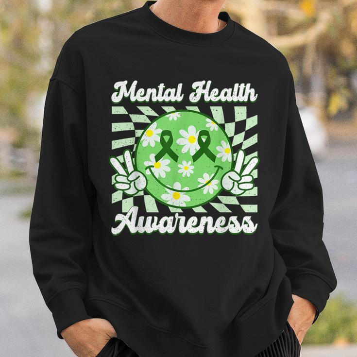 Mental Health Awareness Smile Face Checkered Green Ribbon Sweatshirt Gifts for Him
