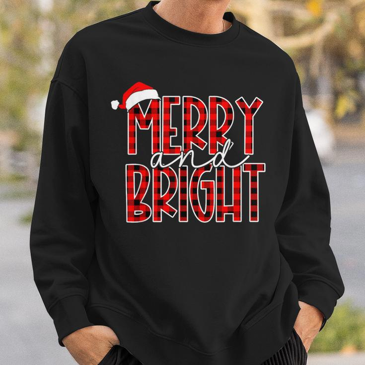 Merry And Bright Buffalo Plaid Red Santa Hat Christmas Xmas Sweatshirt Gifts for Him