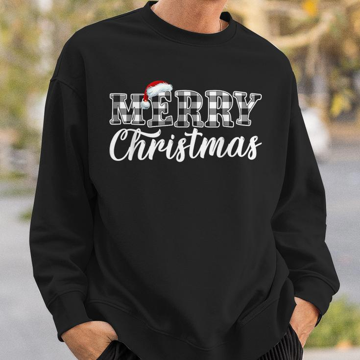 Merry Christmas Buffalo Plaid Black And White Santa Hat Xmas Sweatshirt Gifts for Him