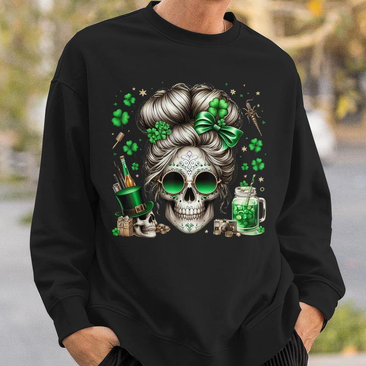 Messy Bun Skull Saint Paddys Day Irish Women Sweatshirt Gifts for Him