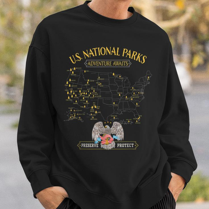 National Parks Map Vintage American Hiking Camping Eagle Sweatshirt Gifts for Him