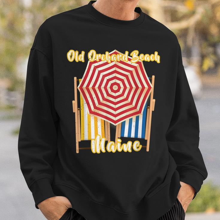 Old Orchard Beach Maine Nautical Umbrella Striped Chairs Sweatshirt Gifts for Him