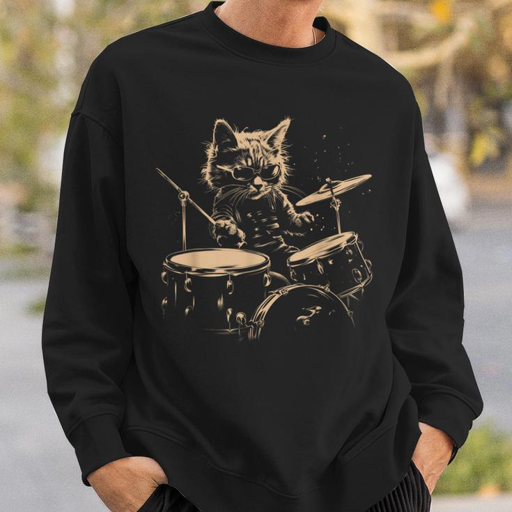 Pop Rock Drummer Cat Kitten Music Playing Drums Music Bands Sweatshirt Gifts for Him