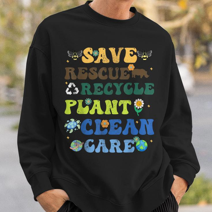 Retro Earth Day Save Bees Rescue Animals Recycle Plastics Sweatshirt Gifts for Him