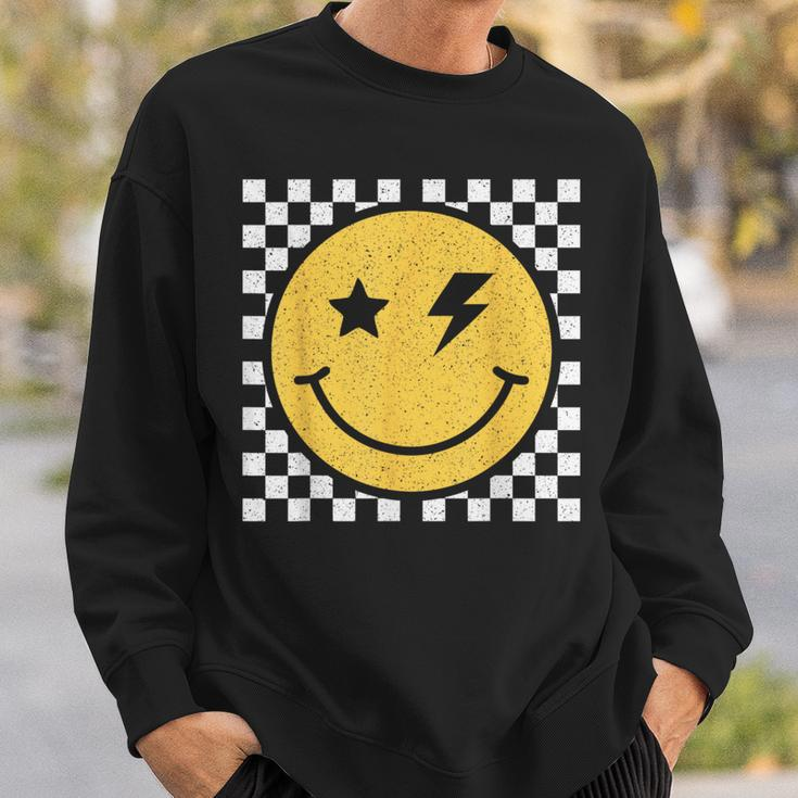 Retro Yellow Happy Face Checkered Pattern Smile Face Trendy Sweatshirt Gifts for Him