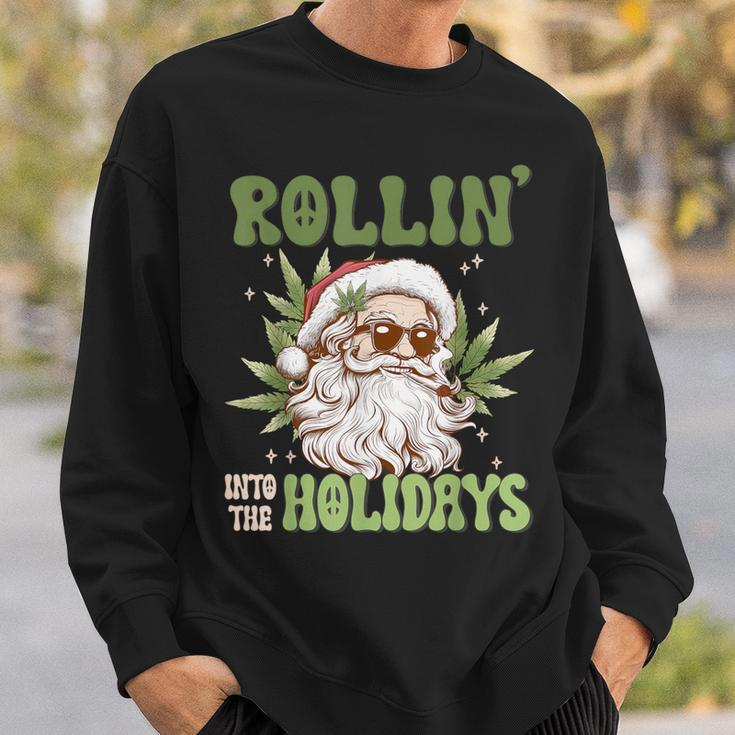 Rollin Into The Holidays Santa Black Marijuana Christmas Sweatshirt Gifts for Him