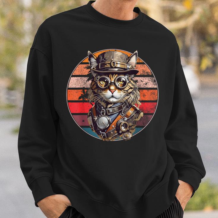 Steampunk Cat Retro Sunset Glasses Hat And Watches Sweatshirt Geschenke für Ihn