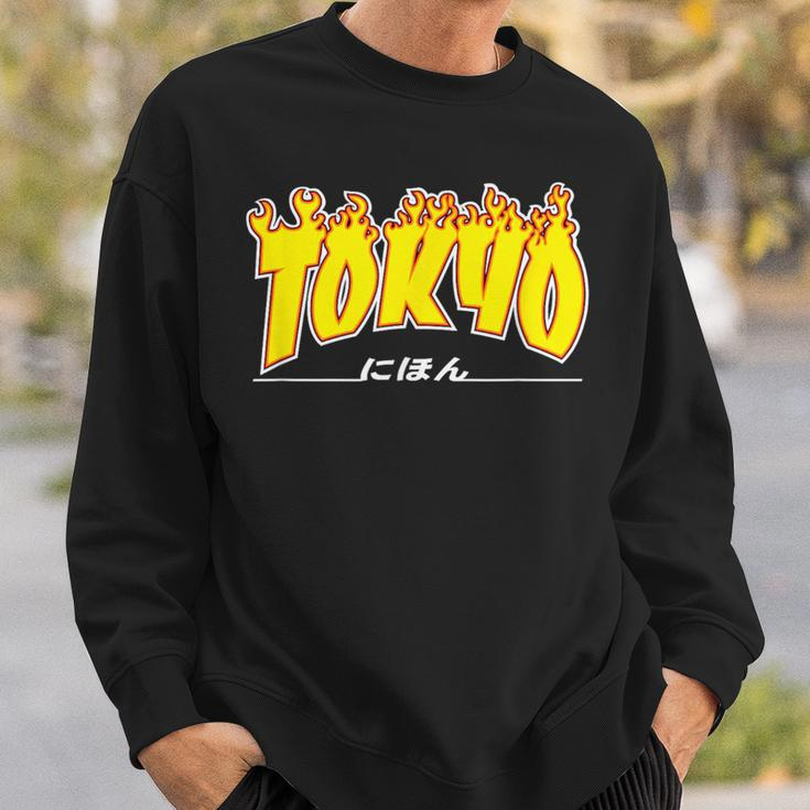 Tokyo Japan Trasher Yellow Orange And Black Flame Sweatshirt Gifts for Him