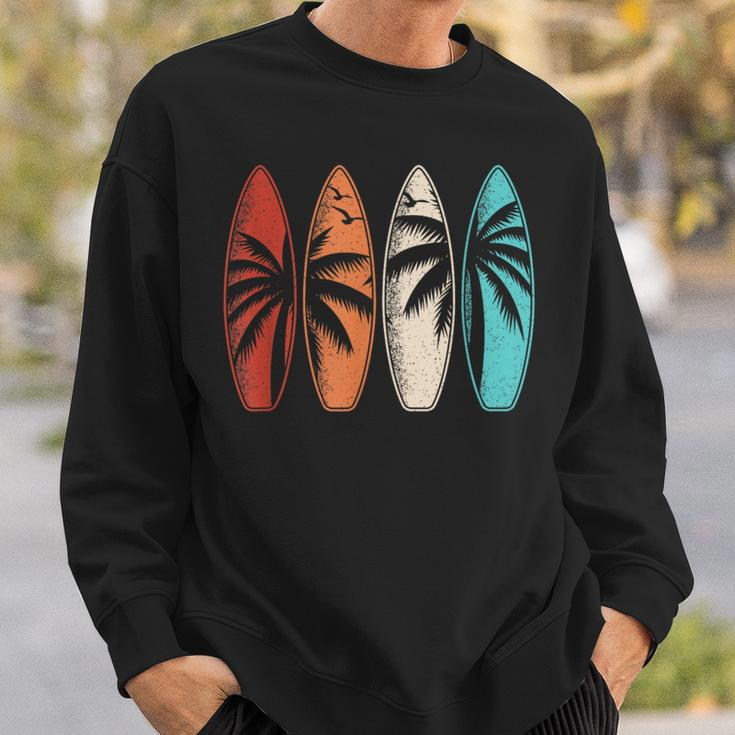 Tropical Hawaii Palm Tree Surfing Beach Surfboard Retro Surf Sweatshirt Gifts for Him