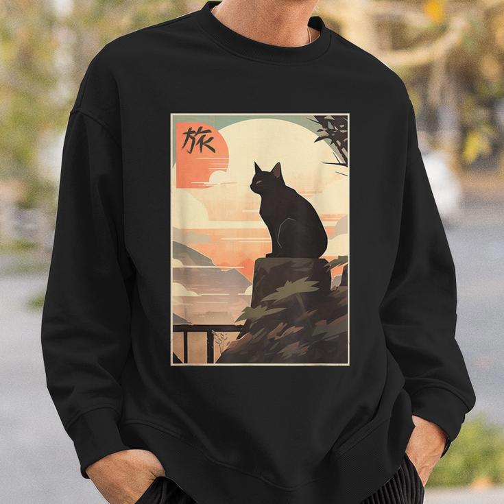 Vintage Japanese Scenery Kanji Writing Journey Black Cat Sweatshirt Gifts for Him