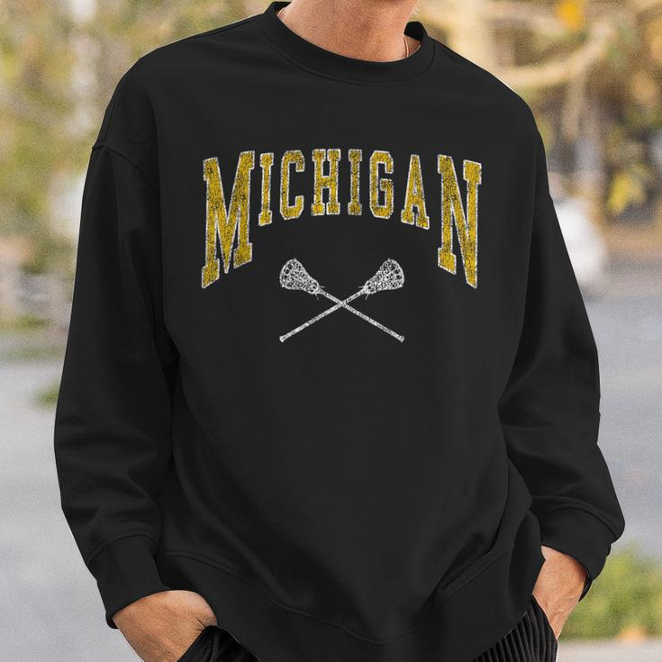 Vintage Michigan Lacrosse Distressed Lax Player Michigan Fan Sweatshirt Gifts for Him