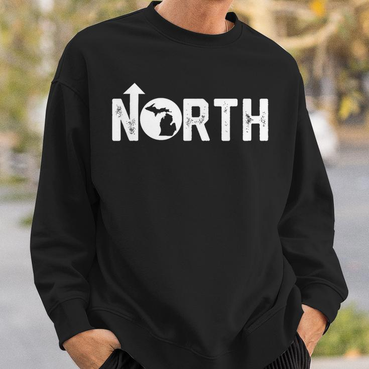 Vintage Up North Michigan Distressed Text State Map Sweatshirt Gifts for Him