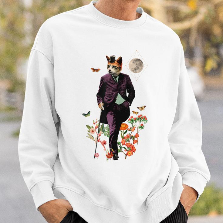 Cat With Flowers And Walking Stick And Moon Sweatshirt Gifts for Him