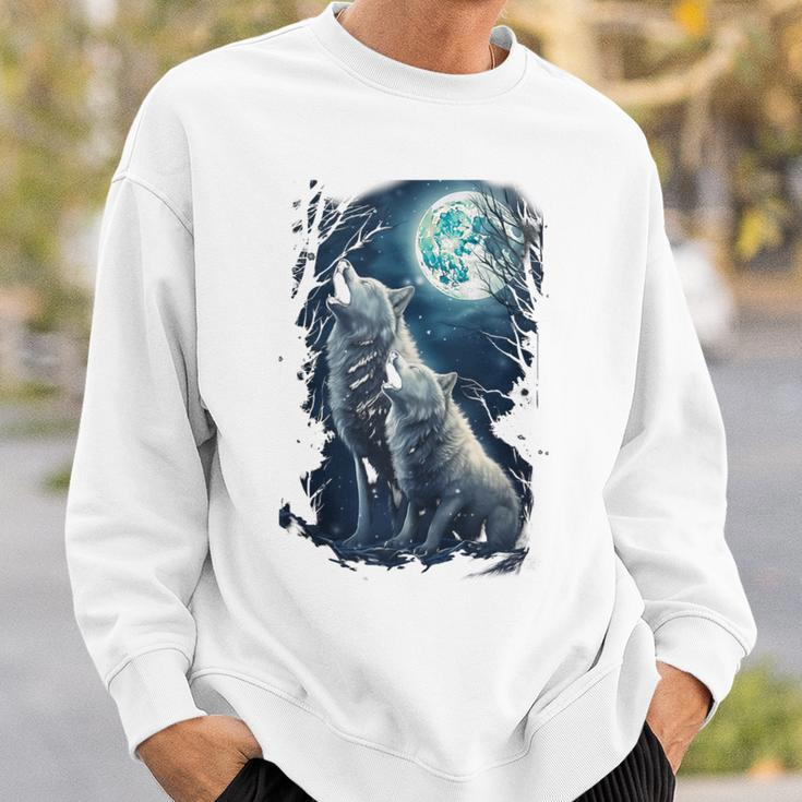 White Wolves Howling At Moon Vintage Wolf Lover Sweatshirt Gifts for Him
