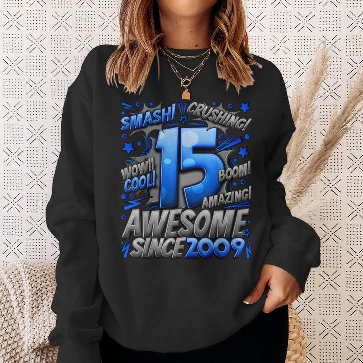 15Th Birthday Comic Style Awesome Since 2009 15 Year Old Boy Sweatshirt Gifts for Her