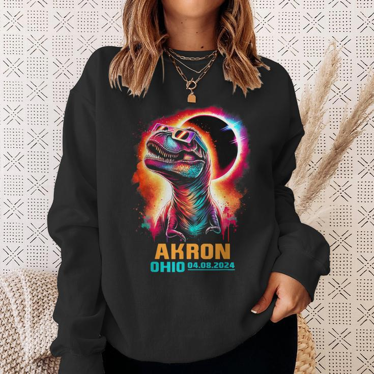 Akron Ohio Total Solar Eclipse 2024Rex Dinosaur Colorful Sweatshirt Gifts for Her